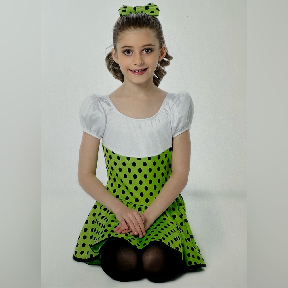 ALGY Size Child Medium White & Green Dress Black Polka Dots